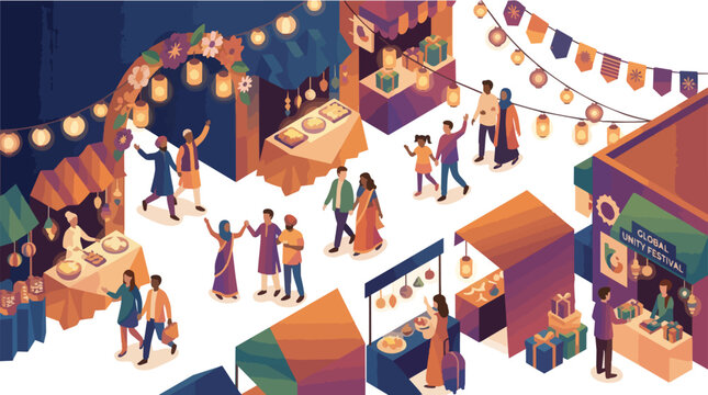 Isometric illustration of a vibrant market scene with people shopping and socializing among colorful stalls and string lights at night.
