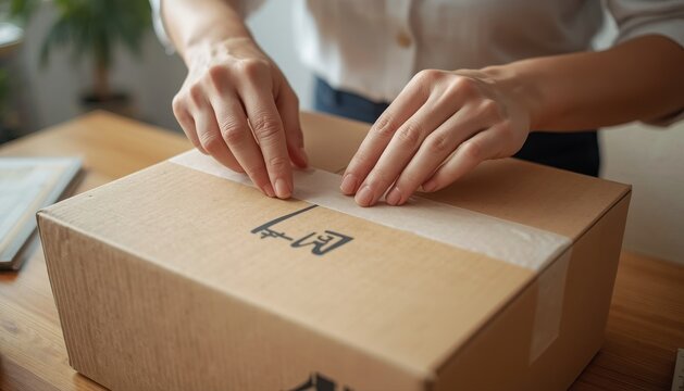 Hands sealing a cardboard box with packing tape brown box postal service storage box wooden table online shopping supply chain customer service shipping delivery commerce logistics