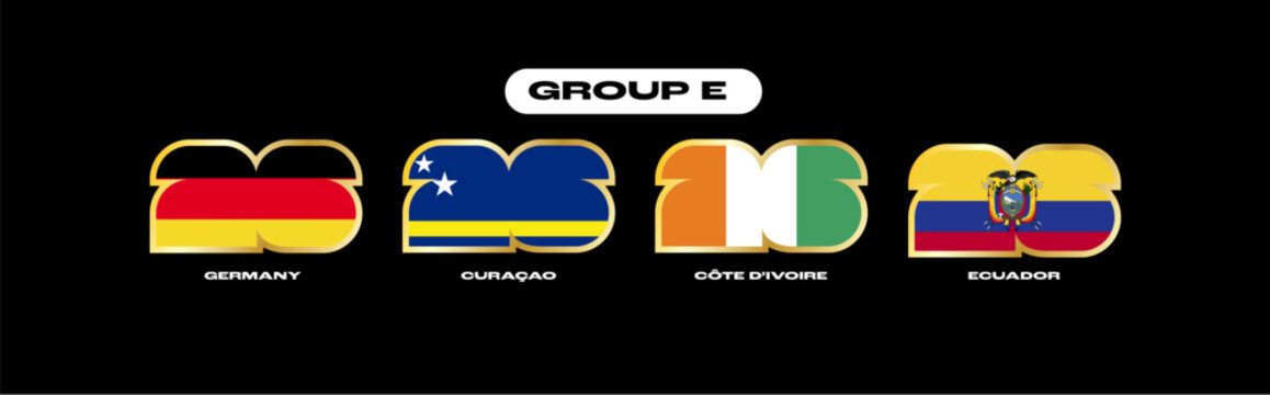 International soccer competition graphic featuring group E flags germany, curacao, cote d'ivoire, ecuador