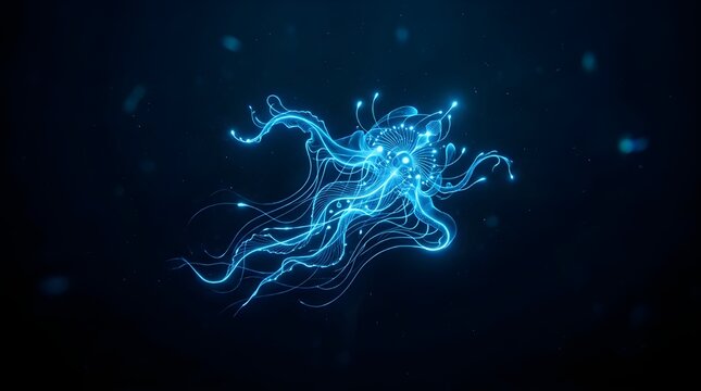 Futuristic glowing deep sea alien creature with flowing luminous tentacles in dark underwater space, neon blue bioluminescence, fantasy sci fi marine illustration with cinematic atmosphere