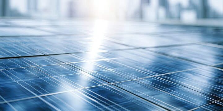 Sunlight reflects on a field of blue solar panels, with a blurred city skyline