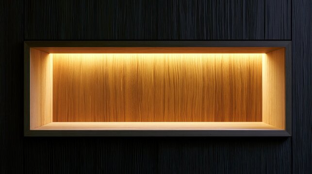 Illuminated recessed wooden niche on a dark textured wall