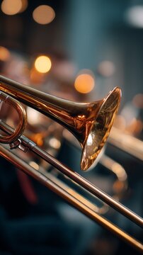 Close-up of a shiny brass trombone in warm bokeh background with musicians.