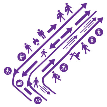 Illustration of people walking in various directions along winding paths with arrows indicating movement