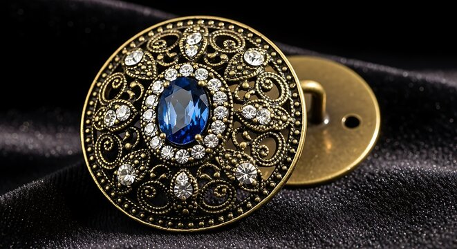 Luxurious gold brooch with blue gemstone.