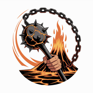 Hand holding spiked flail weapon closeup.