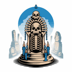 Skeleton with candles and skulls on altar. © PS STOCK