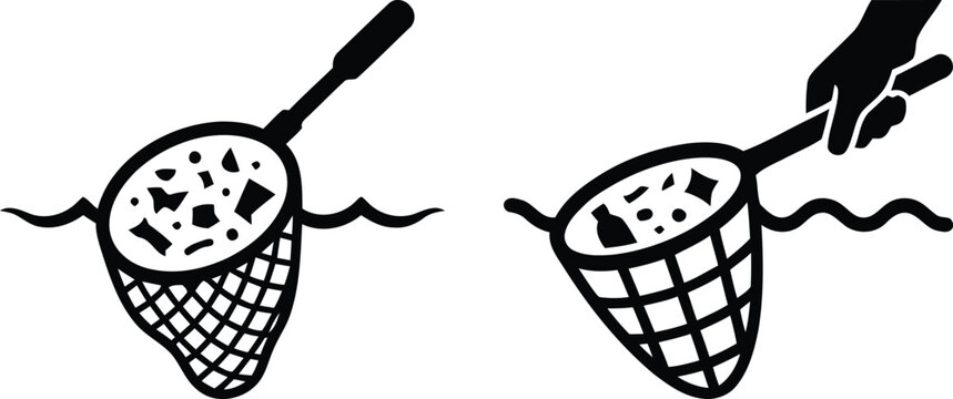 Black and white icon of a net skimming plastic waste and garbage from water surface representing environmental ocean cleanup efforts and marine pollution prevention.