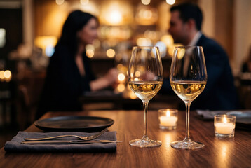 Obraz premium Couple enjoying white wine at intimate restaurant dinner table