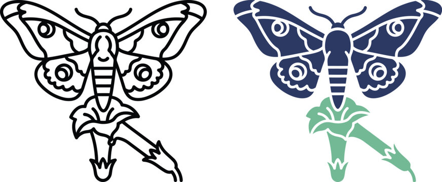 Set of detailed vector illustrations featuring a hawk moth pollinating a tubular flower in both minimalist line art and modern flat design styles for nature and garden themes.