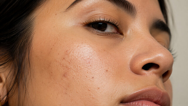 Detailed close-up of a young woman's natural skin, showcasing visible acne scars and imperfections, embracing authenticity and the journey of skin health