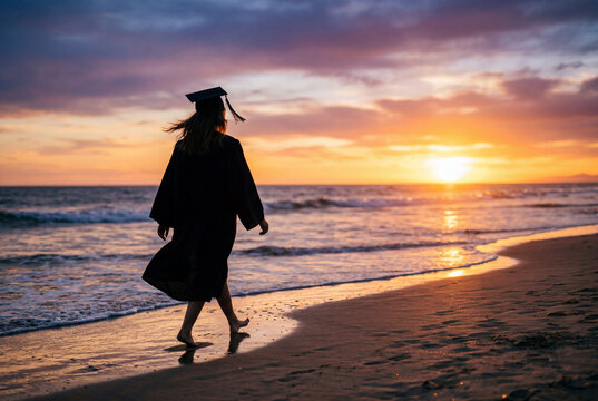 Silhouette of a graduate in cap and gown walking barefoot on a sandy beach at sunset