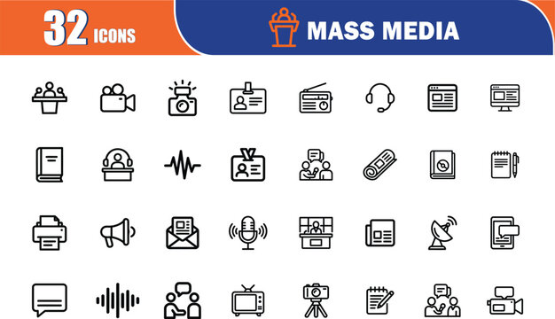 Mass media 32 icon set, news broadcasting and communication symbols. Radio, Journalism, Press, Interview vector Collection. Editable Stroke. Vector illustration. 