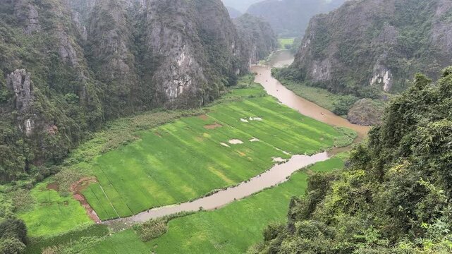Aerial view of lush green rice fields along winding river surrounded by dramatic limestone karst mountains in Ninh Binh Vietnam
