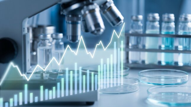 Laboratory biotech research science growth chart with microscope petri dishes chemical development pharmaceutical industry success medical innovations statistics data concepts