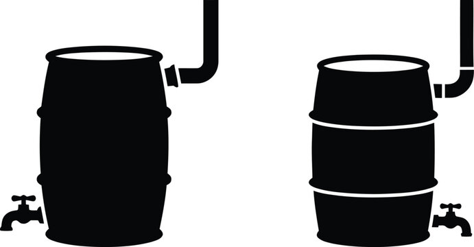 Rain water harvesting barrel icons with faucet and inlet pipe for sustainable garden irrigation and eco friendly water storage solutions in a minimalist black flat style.