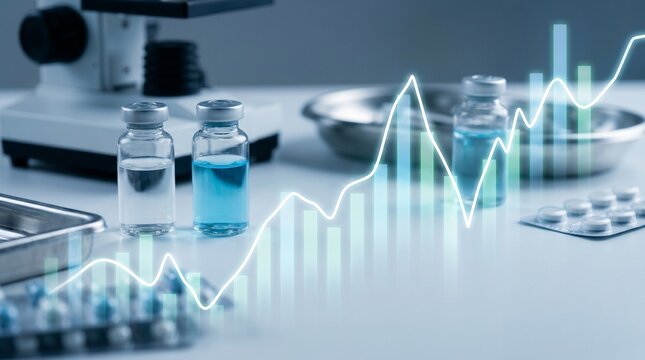 Pharmaceutical medicine sales growth chart with medical vials pills laboratory clinical development success healthcare industry finance market statistics data concepts