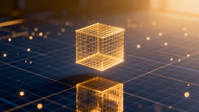 Golden wireframe cube on grid surface