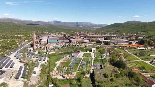 Drone Shot of Former Niksic Steel Mill Factory Now Owned by State Electric Company For Producing Solar Energy, Montenegro