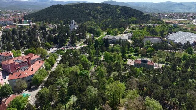 Drone Shot of Niksic Montenegro City Park, King Nikola Catle and Orthodox Church Under Trebjesa Hill