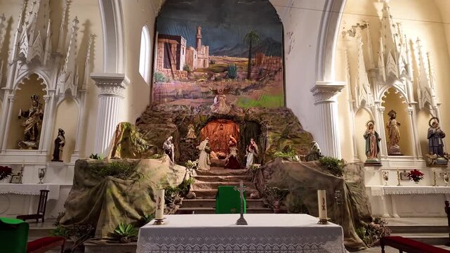 Traditional nativity scene inside historic church of Tah&iacute;che in Lanzarote, Spain