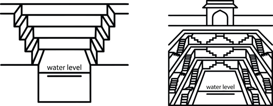 Line art illustration of a traditional stepwell showing an architectural cross section with stairs leading down to a water level for ancient resource storage and conservation.