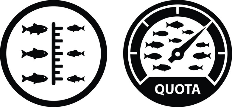 Sustainable fishing quota icons showing a vertical measurement scale and a dial gauge with fish symbols for marine resource management and environmental regulation compliance.