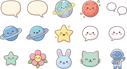 Cute Kawaii Space Icon Set with Happy Planets Star Astronaut Speech Bubbles Flower Bunny and Cat Characters for Kids Graphic Design © Ismail