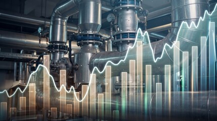 Fototapeta premium Industrial manufacturing production growth graph chart on internal factory pipeline background. Chemical processing energy market financial trend.