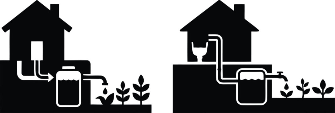 Vector illustration showing a residential home rainwater harvesting and greywater recycling system for eco-friendly garden irrigation and sustainable household plumbing solutions.