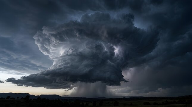 Massive Supercell Storm Cloud with Heavy Downpour Rain and Lightning Over Rural Landscape Silhouette, Dramatic Dark Sky Weather Photography, Powerful Nature Phenomenon