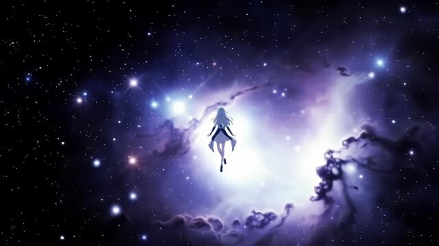 Silhouette of a girl floating in a nebula with purple, blue and white ethereal clouds