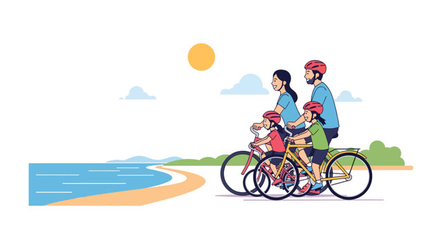 Family Bike Ride by the Sea: A family of four, parents and two children, enjoys a scenic bike ride along a coastal path under a bright sunny sky, with the ocean stretching out beside them.