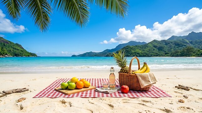 Piknik Tropis di Pantai Idaman dengan Pemandangan Laut Biru Jernih dan Perbukitan Hijau yang Memukau