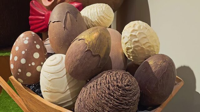 Close up of decorative chocolate Easter eggs in a wooden cart, with textured milk, dark, and white chocolate designs, warm shop lighting, and festive spring holiday display in a candy store.
