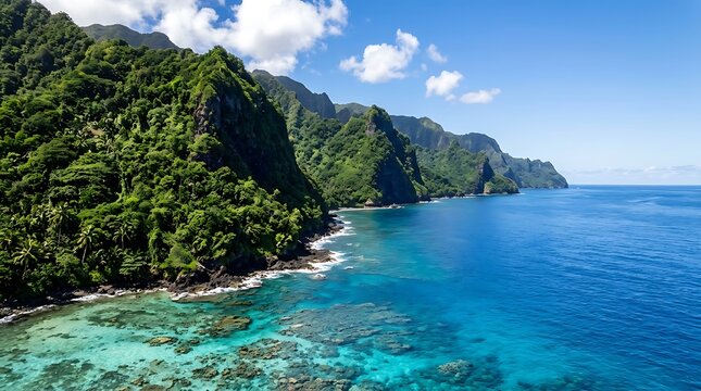 Aerial view of the lush green coastline and turquoise coral reef of tutuila island, american samoa