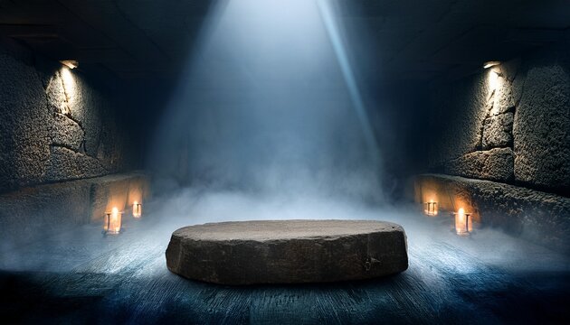 Ancient Stone Podium In Foggy Dark Dungeon Chamber With Light Beams And Torches