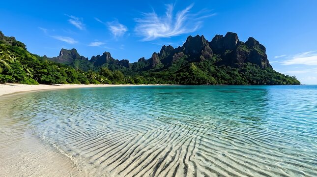 Tropical beach with turquoise water and dramatic mountain peaks in french polynesia