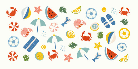 summer beach elements illustration with crabs watermelon and beach accessories © Sarojit