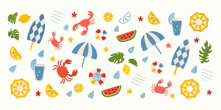 summer beach elements illustration with crabs watermelon and parasols