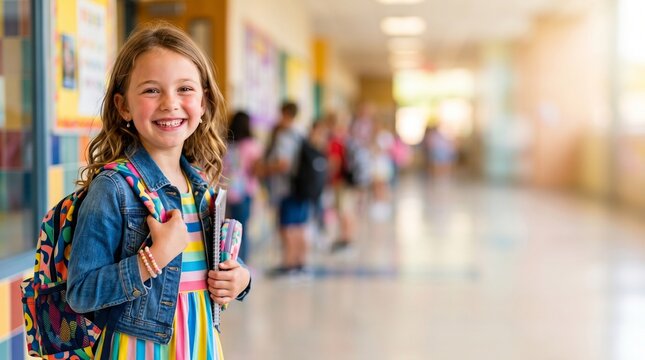 Happy smiling young girl with backpack holding notebook in school hallway background commercial back to school template copy space advertisement