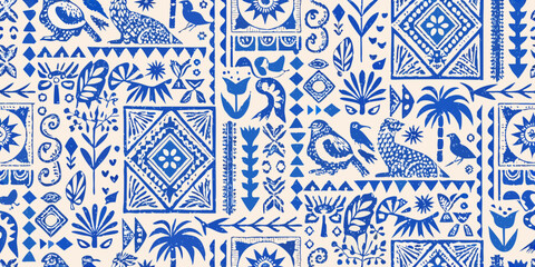 blue tropical pattern with birds leopards and botanical elements © Sarojit