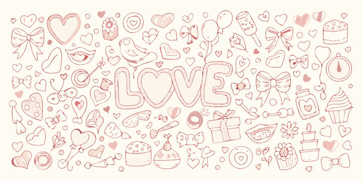 love themed doodles and illustrations with hearts and romantic elements