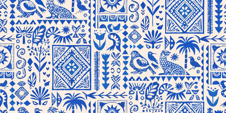blue tropical pattern with birds leopards and botanical elements