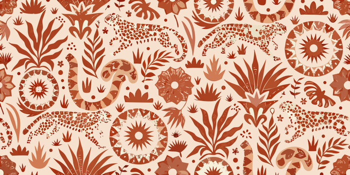 tropical floral and animal pattern in terracotta and rust tones