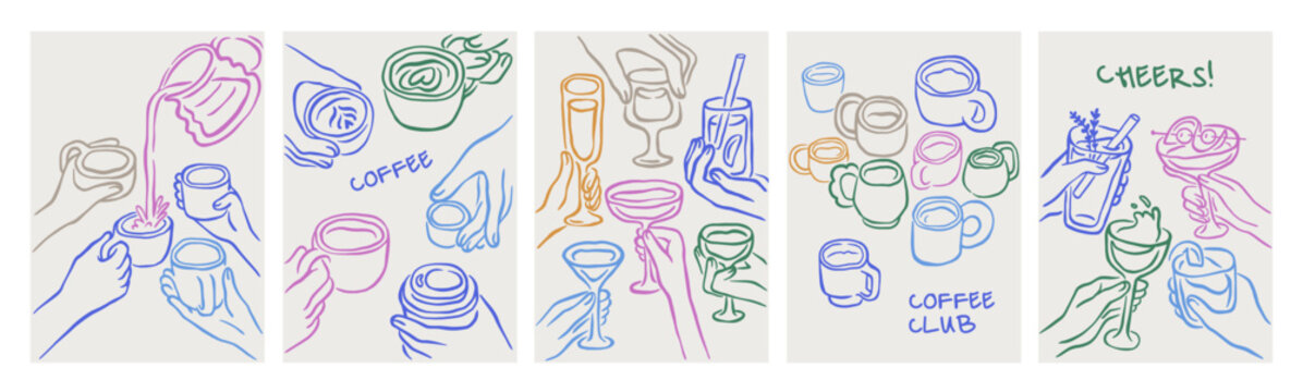 Cheers poster designs set with hands holding wineglass, cup at party celebration. Toasts with alcohol drinks, wine, cocktails in glasses, coffee, beverages. Vector illustrations in doodle drawn style
