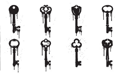 Antique Key Skeleton Silhouette Set, Urban Stencil Graffiti Paint Drips © trianatio