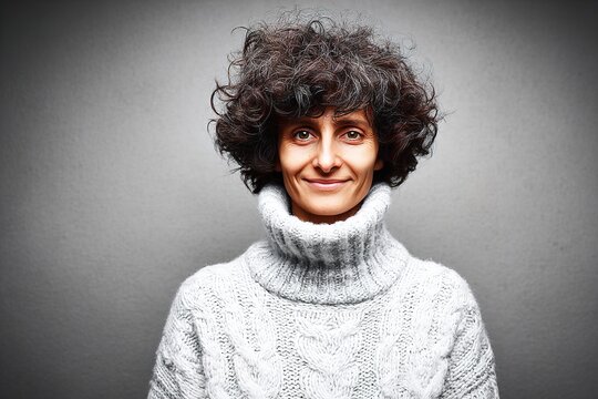 Smiling Woman with Curly Hair Wearing a Cozy Turtleneck Sweater