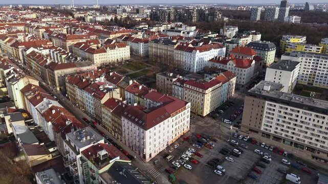 Aerial View of Prague Czechia, Zizkov Residential District Buildings, Drone Shot
