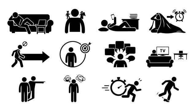 Procrastination and Inner Resistance Silhouette Icons Set